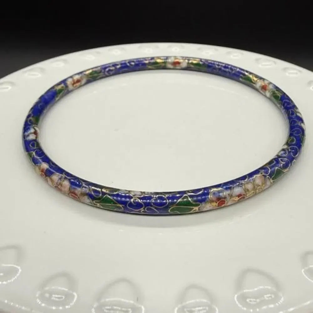 Vintage Blue Cloisonné Enamel Floral Children’s Bangle Bracelet 2 1/2” Diameter
